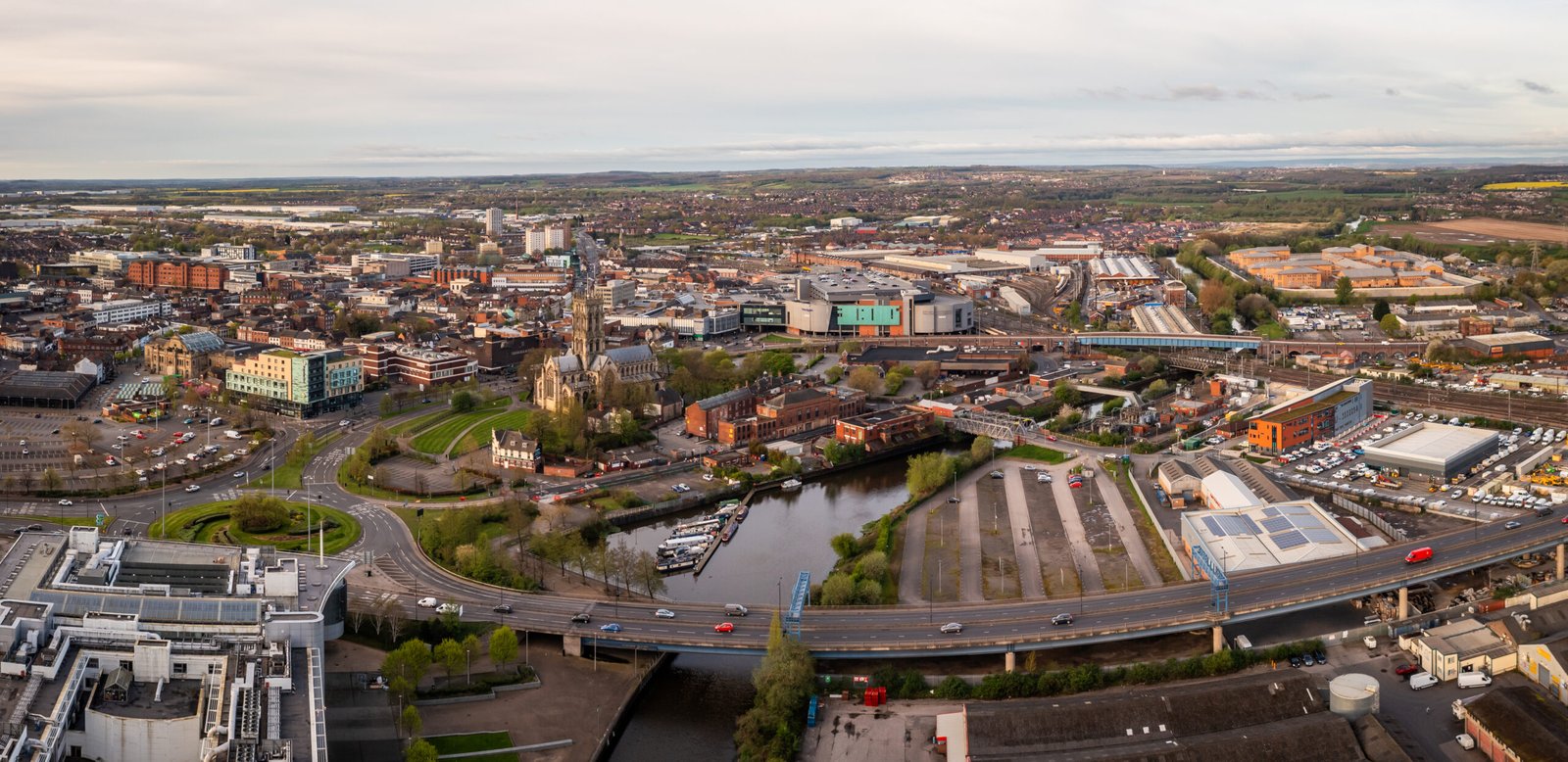Aerial view of Doncaster city centre with The Minster Church and